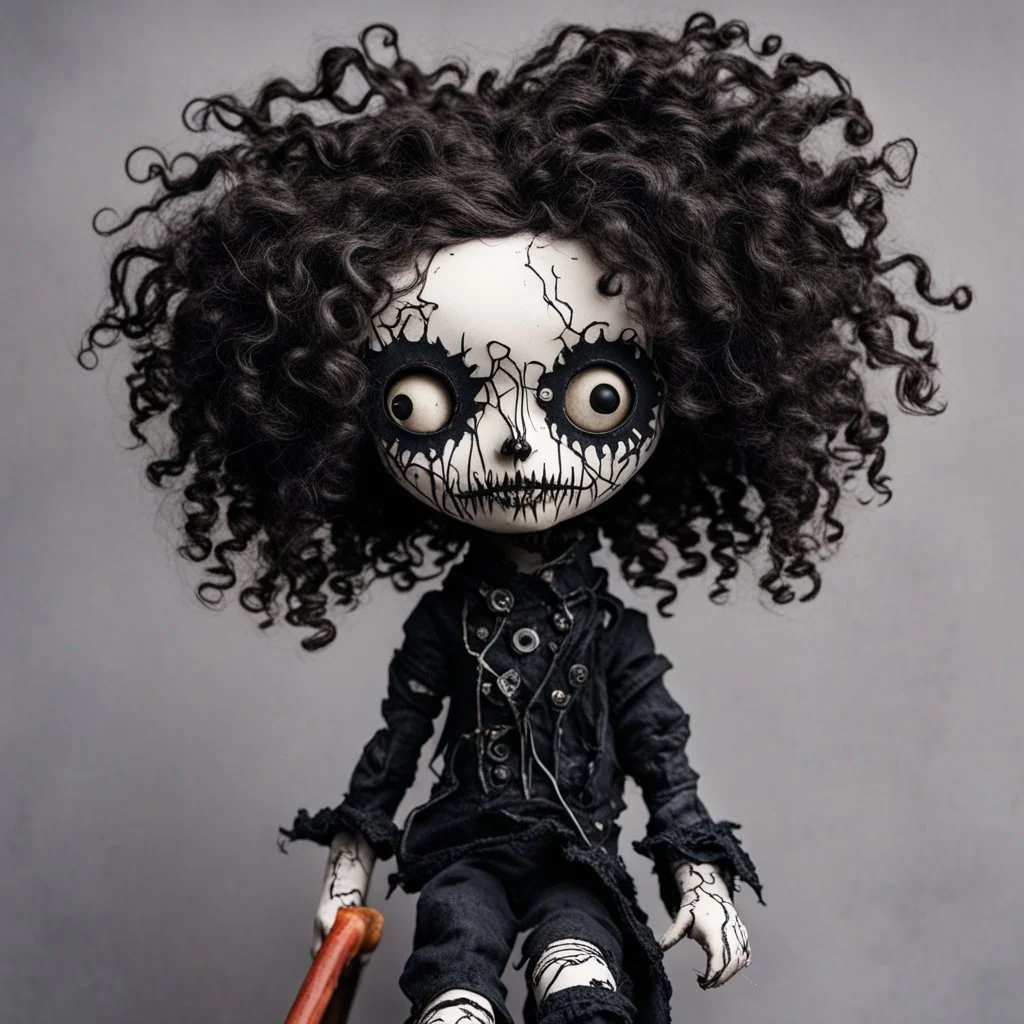 full color, illustration of a dark, menacing, curly haired, black clad motorcycle girl, tall and willowy , as a decayed, broken, crude homemade cloth doll toy, with a cracked porcelain face, thick dark eyebrows, hair made from ragged strips of cloth, in the style of Alex Pardee, Tim Burton, and Nadya Sheremet