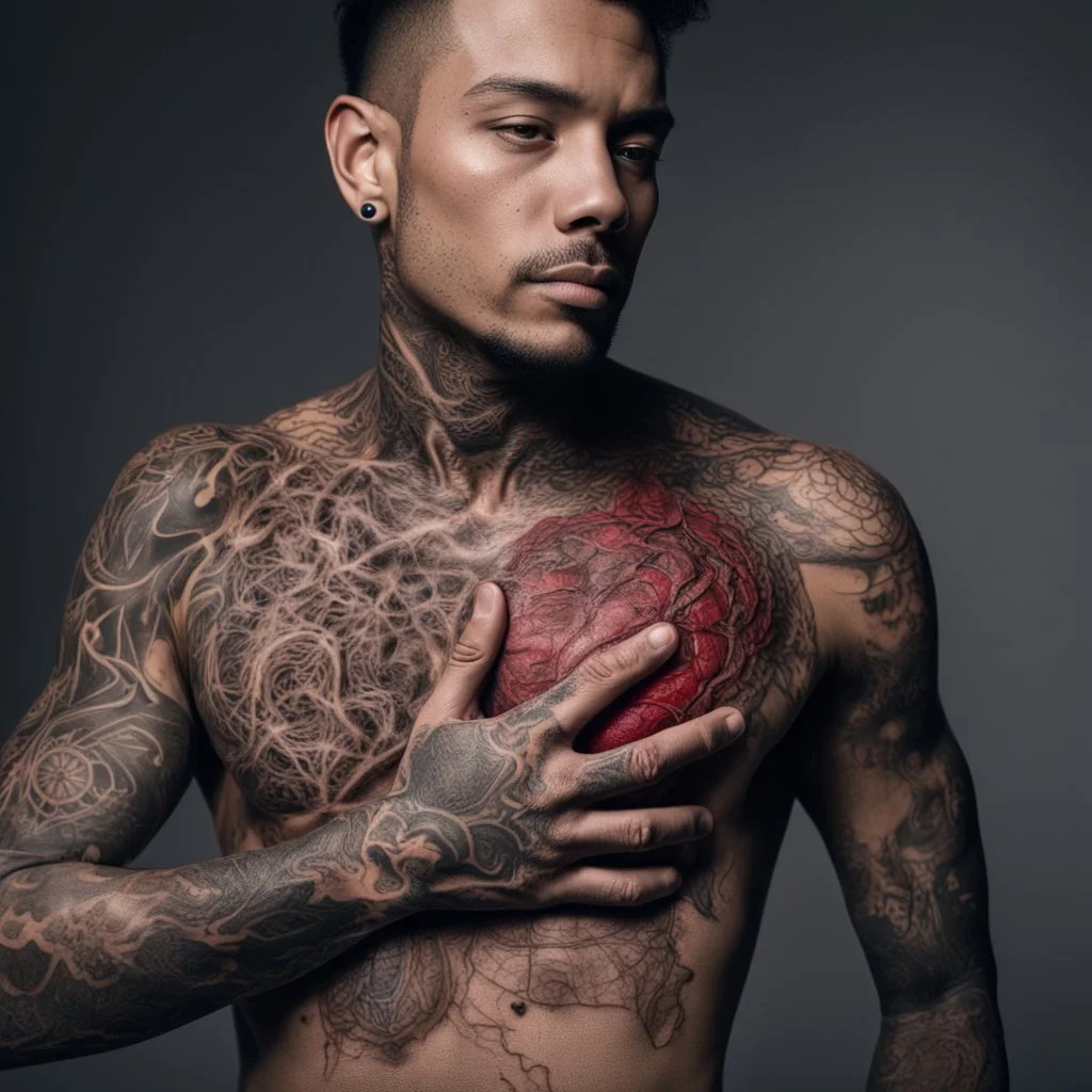 man with light skin with the entire cardiovascular system tattooed, nikon 70mm lens, photo, professional studio photo, very real