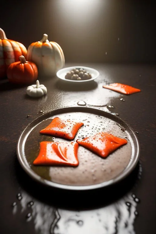 Cooking photo of wet Raviolis with truffle and pumpkin flying, minimal, olive oil, moisture, art, natural, ornaments, ceramic, marble, high kitchen, smooth, god rays, unreal engine 5, ray tracing, RTX, lumen lighting, ultra detail, volumetric lighting, 3d.