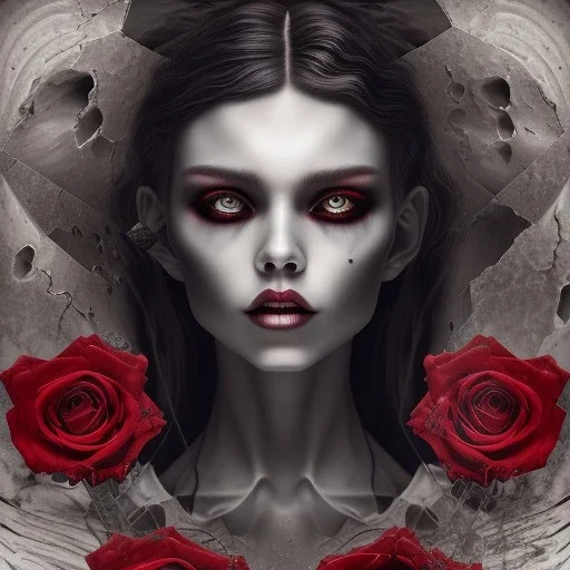 Mystery scary VAMPIRE,Ambiance dramatique, dramatic lighting, volumetric lighting, hyperrealisme, 8k, high quality, lot of details, fit within portrait , black and red roses