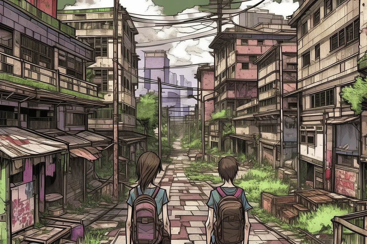 TLOU Town but as a coloured manga style, no characters just city landscape. in the style of Tatsuki Fujimoto