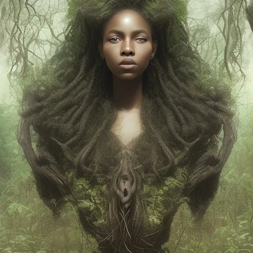 4K. Ultra real photo.three black women. Three Dark skin black women .three women. A mother. Two black daughters . A mother with her children. three young black women. wood nymphs emerging from the forest. Her hair looks like vines. Dreadlocs. Her skin is the colour of dark soil. Her skin looks like tree bark. Her clothing is made of vines, grass and leaves.