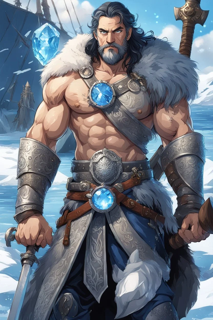 in anime style,1older man, a older man with blue eyes and black hair man in silver Viking armor with fur around the neck with blue crystal on his chest holding an axe in his hands standing on a pirate ship in the artic, warrior in anime style,