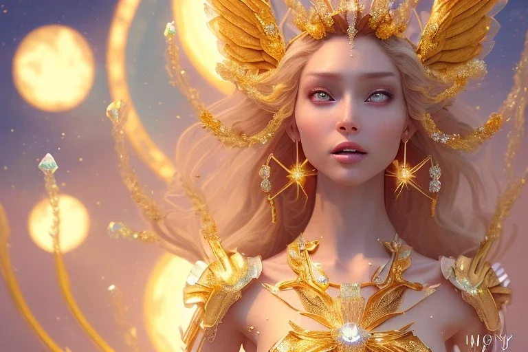 very beautiful crystal and gold goddess in a galactic ambiance, nice smiling, transparent petals, delicate colors, full of details, smooth, bright sunshine，soft light atmosphere, light effect，vaporwave colorful, concept art, smooth, extremely sharp detail, finely tuned detail, ultra high definition, 8 k, unreal engine 5, ultra sharp focus