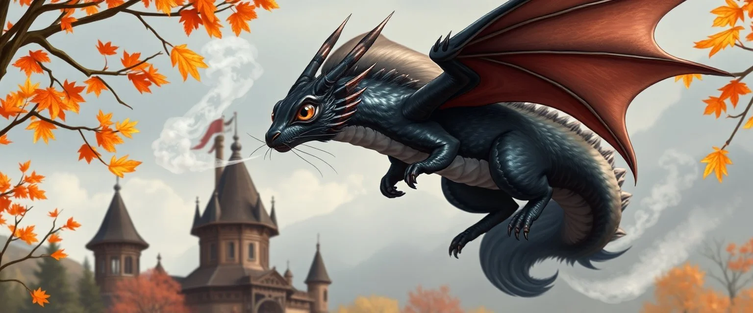 portrait of a shiny black dragon squirrel in autumn, flying above wooden castle, breathing smoke, book cover illustration