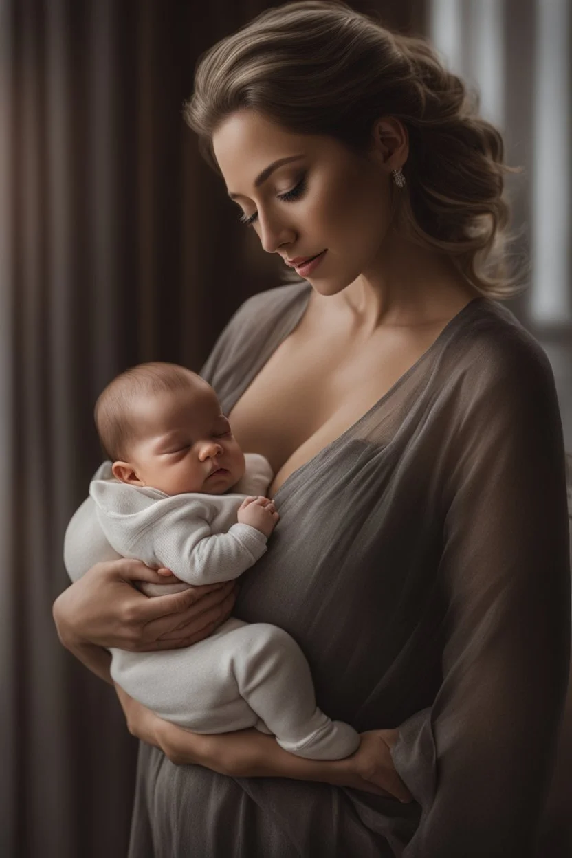 A hyper-realistic, A tender moment between a mother and her newborn, as she lovingly cradles her baby while breastfeeding. full size ,Photo Real, HOF, full size, practicality,manufacturability,performance, (((realism, realistic, realphoto, photography, portrait, realistic, elegant, charming, , professional photographer, captured with professional DSLR camera, trending on Artstation, 64k, ultra detailed, ultra accurate detailed, bokeh lighting, surrealism, Thomas Kinkade backgroun