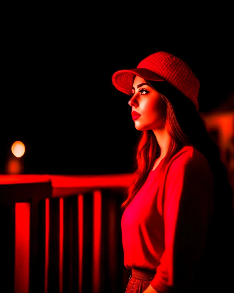 woman with a red baseball hat. leaning on a wooden balcony. night time. fantasy. medieval.