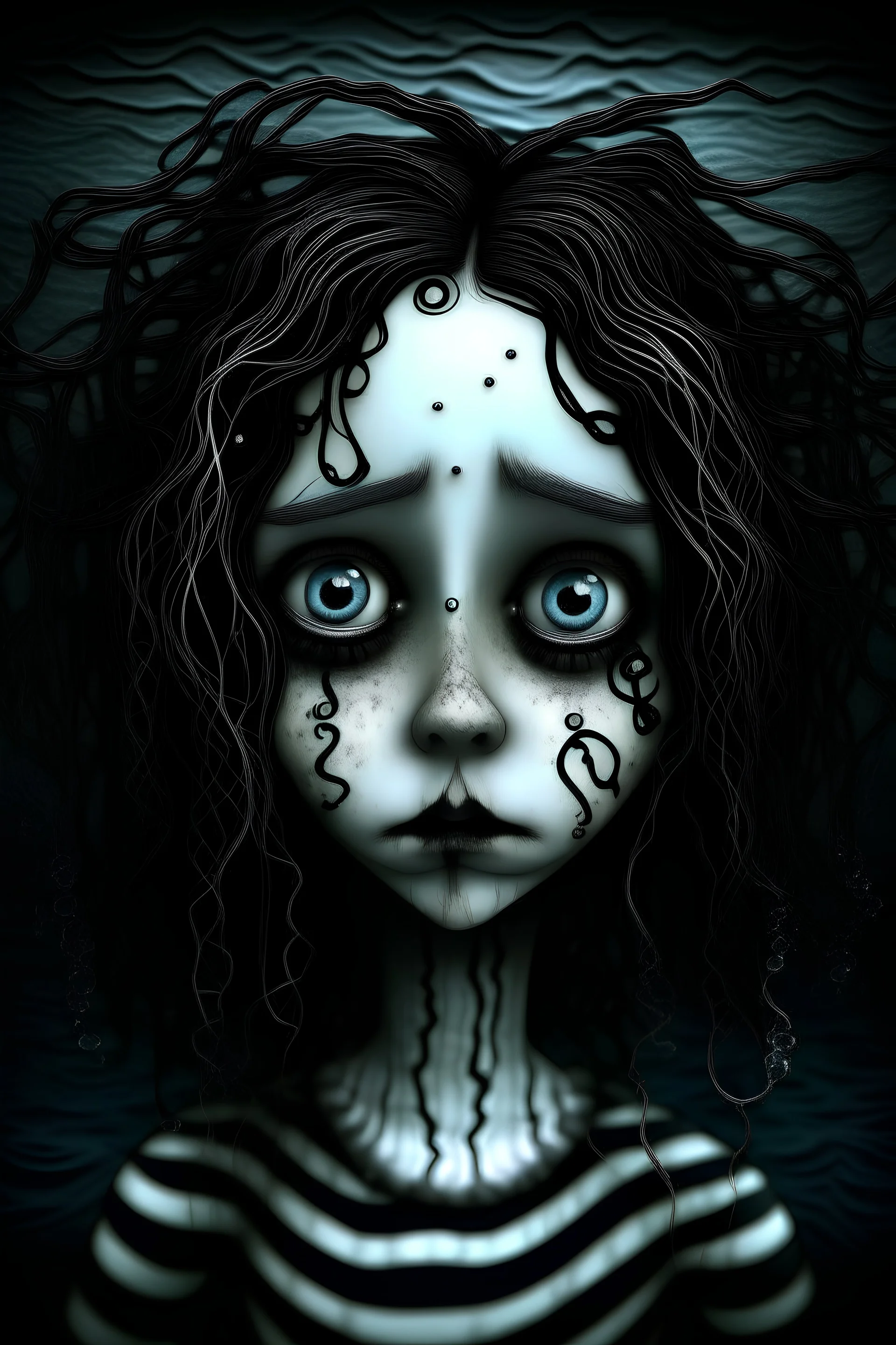 20 year old woman, sunken face, Tim Burton style, full figure