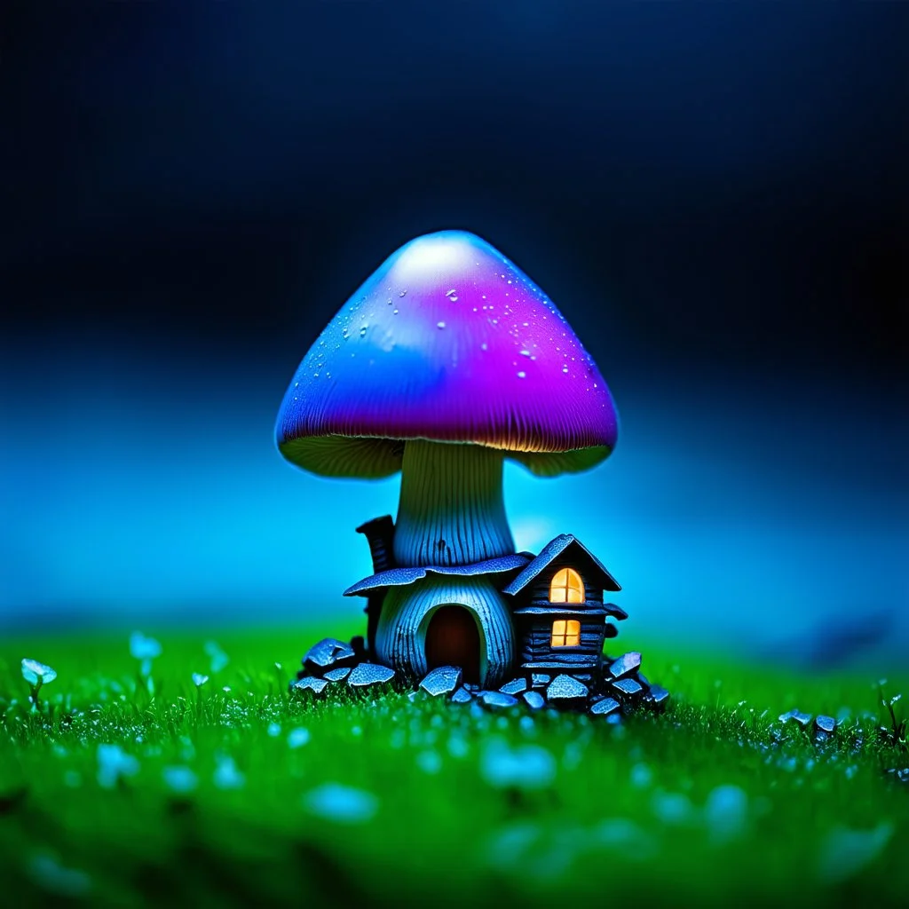 "Close up of a wonderful tiny Mushroom Tower home. blue and magenta with bright white, deep black and contrasting tones of gray. Illuminated bioluminescent forest. Professional painter, master at composition. small but detailed. broken, blurred background, voluminous lighting"