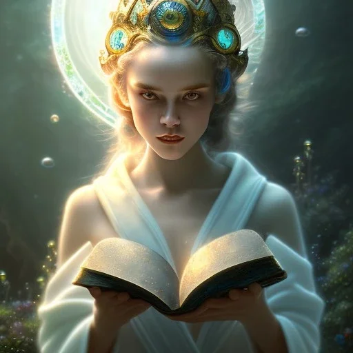 close up of cute little poet in water with halo, wearing soft robes and blue gloves holding long scroll,dark stone statue, lively eyes,hidden hands, framed by foliage, shiny eyes, runes