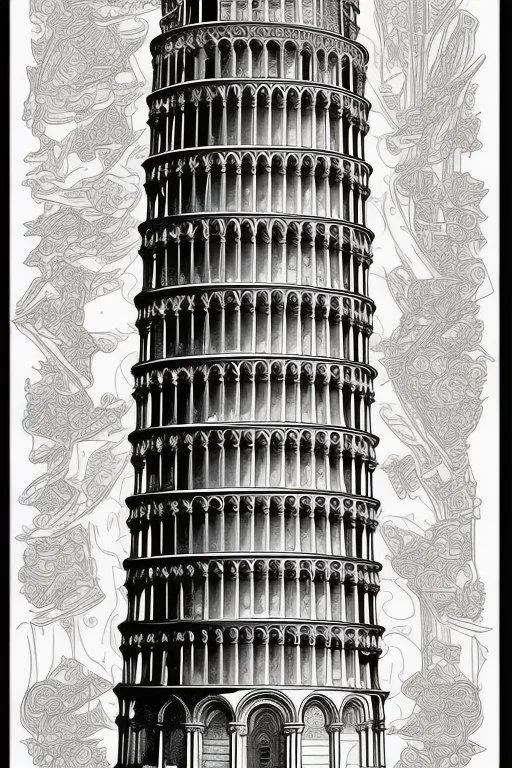 coloring book page of leaning tower of pisa, monochrome