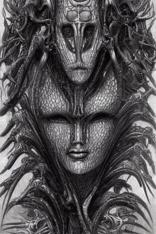 Biomorphic Biomechanical Alien Queen, beautiful face by Giger