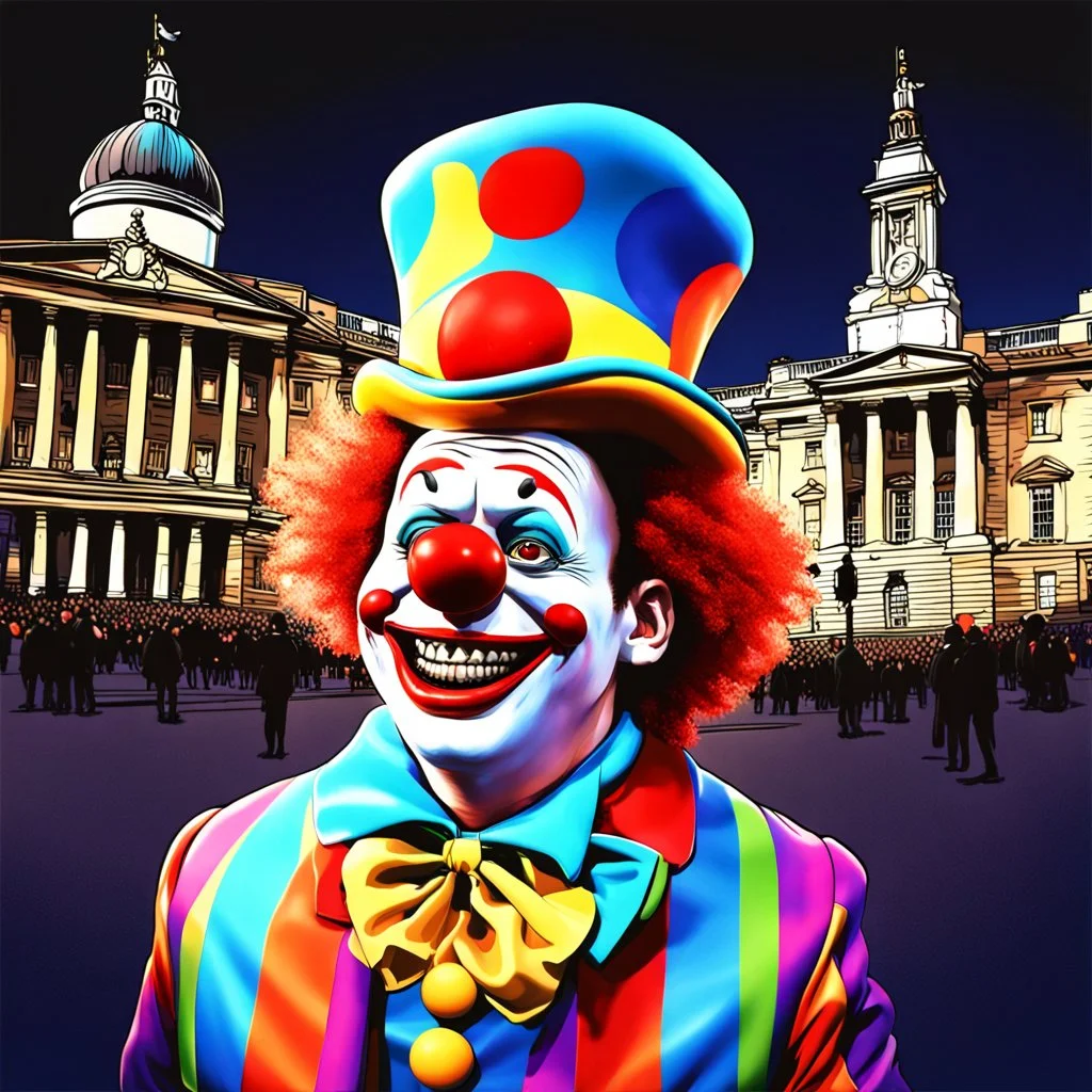 A clown with an exaggerated smile, funny pixar style, styling by Jana Mataiko, a big highlighted tooth, against the background of Trafalgar Square, symmetrical composition, digital painting, vibrant lighting, extremely fine details.