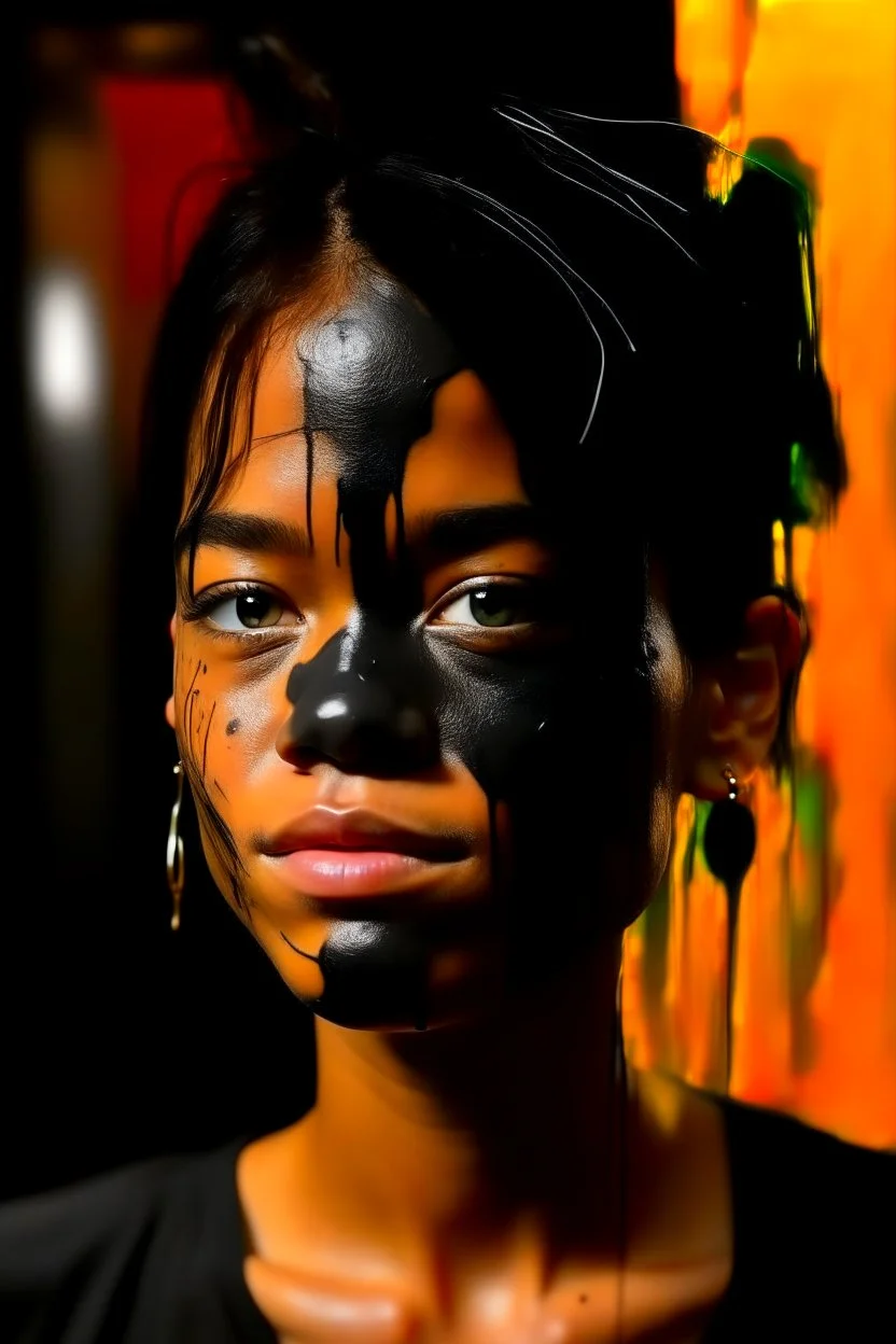 in abstract art Basquiat, Picasso, colorful acrylic colors representing, with expressive character--ar 16:9 --no text letter font. –c 40, Buffet and Picasso style, black canvas