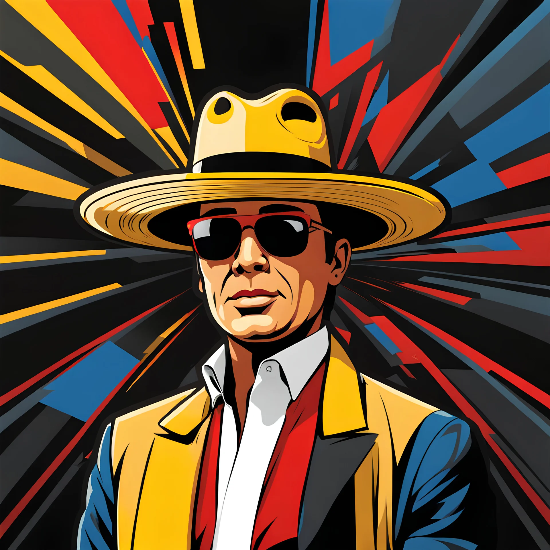 Gustavo Petro, comic style artwork, dark yellow, black, red and blue, with wide-brimmed hat, with white shirt, calm, without glasses