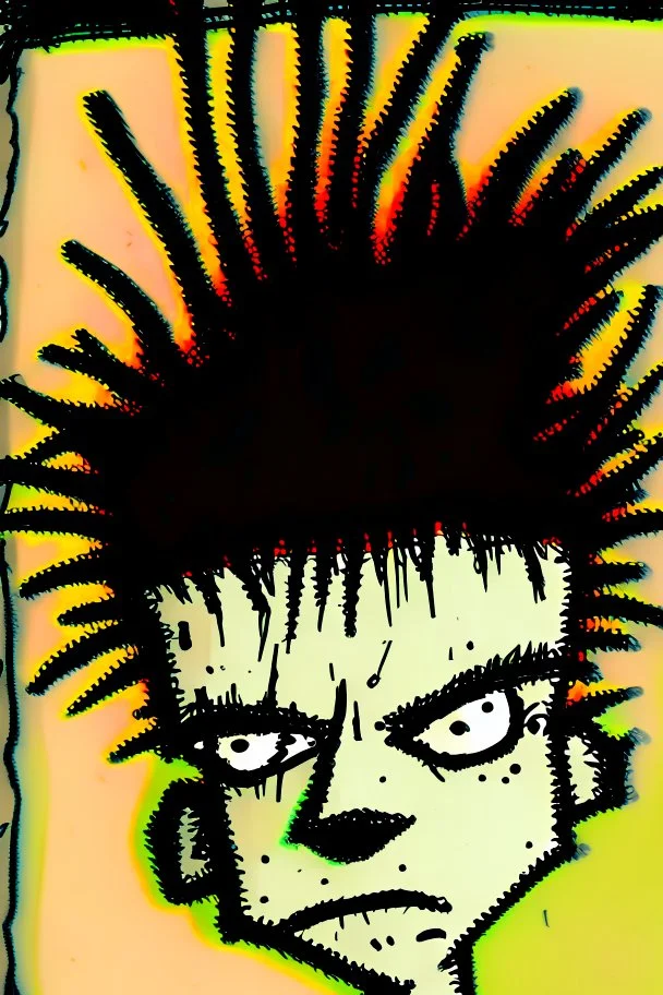 2d portrait drawing of a stickman, cool with punk hair, x eyes like hangman, close-up, in colour