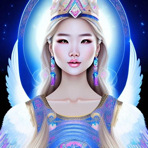 portrait of a beautiful mongolian woman with an angel face smiling,long blond hair, blue eyes, pink and blue dress, jewels, soft light aura