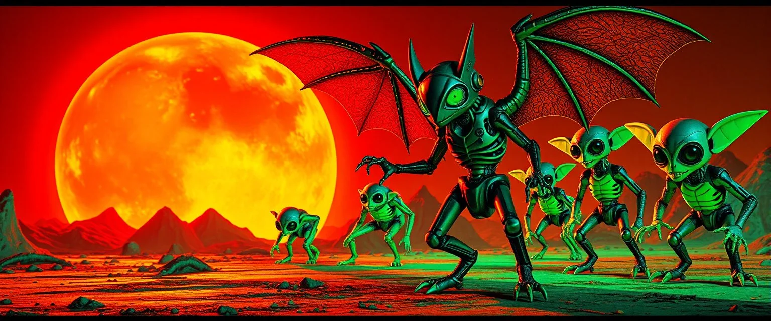 A robot bat named Dave started doing the splits, Blew a fuse in his hips and short-circuited his bits, The Martian fluffy gremlins went wild, the Plutonians dogs screamed, Even black-and-white aliens turned ultraviolet green! in the style of fallout 4 and HR Giger