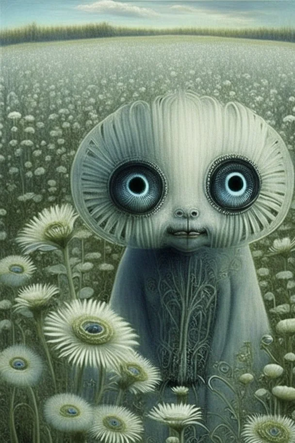 adorable H.R. Giger creature with big reflective eyes in a flower field, by Catrin Welz-Stein