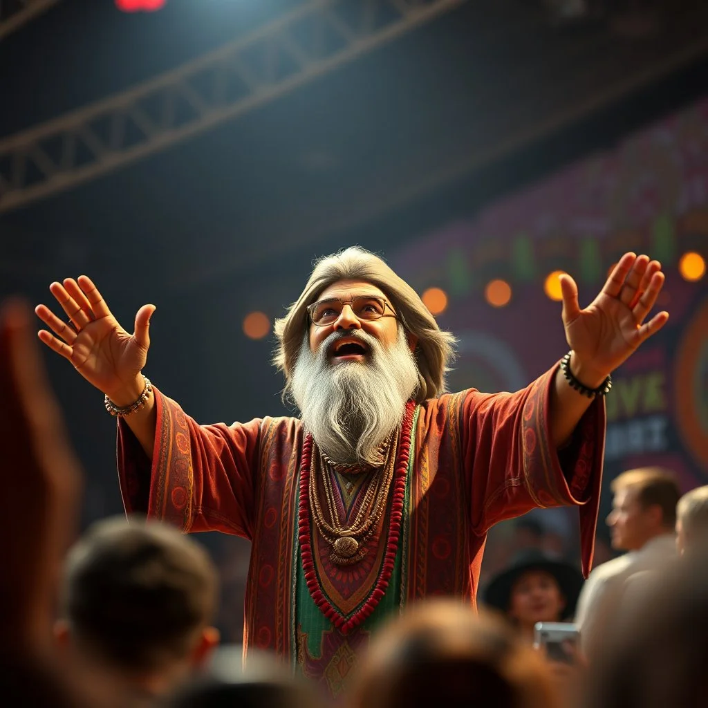 cartoon, anime, saddam husssain as cult leader hippie on stage raised hands having fun in a festival in the 60s, goa psy ambient in the style of vangelis and fsol, source vibrations, bokeh like f/0.8, tilt-shift lens 8k, high detail, smooth render, down-light, unreal engine, prize winning