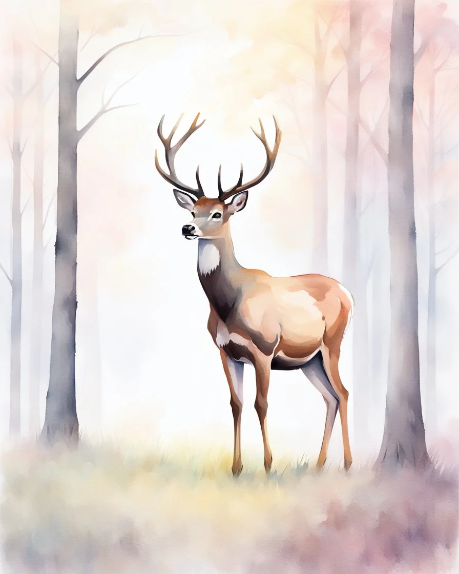 deer with antlers standing sideways, looking at viewer, realistic water color painted, among light colored tall simplified tree trunks, foggy, Easter Spring pastel colors, colorful, dark background