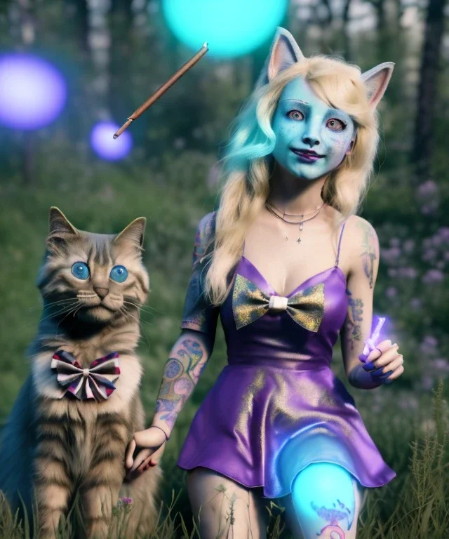 Ultra realistic photo, happy couple, blonde Alice woman and purple cat smoking a pipe + circus blue dress style + black headband with bow + old school body tattoo, smoke, marihuana garden, glow eyes, perfect iris, soft color, highly detailed, unreal engine 5, ray tracing, RTX, lumen lighting, ultra detail, volumetric lighting, high definition.