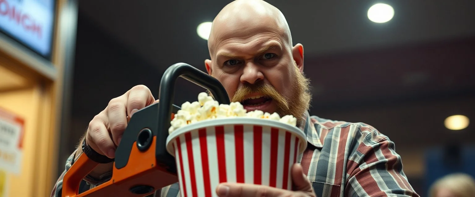 pop corn bucket that looks like a chain saw wielded by serious angry bald law man, in cinema