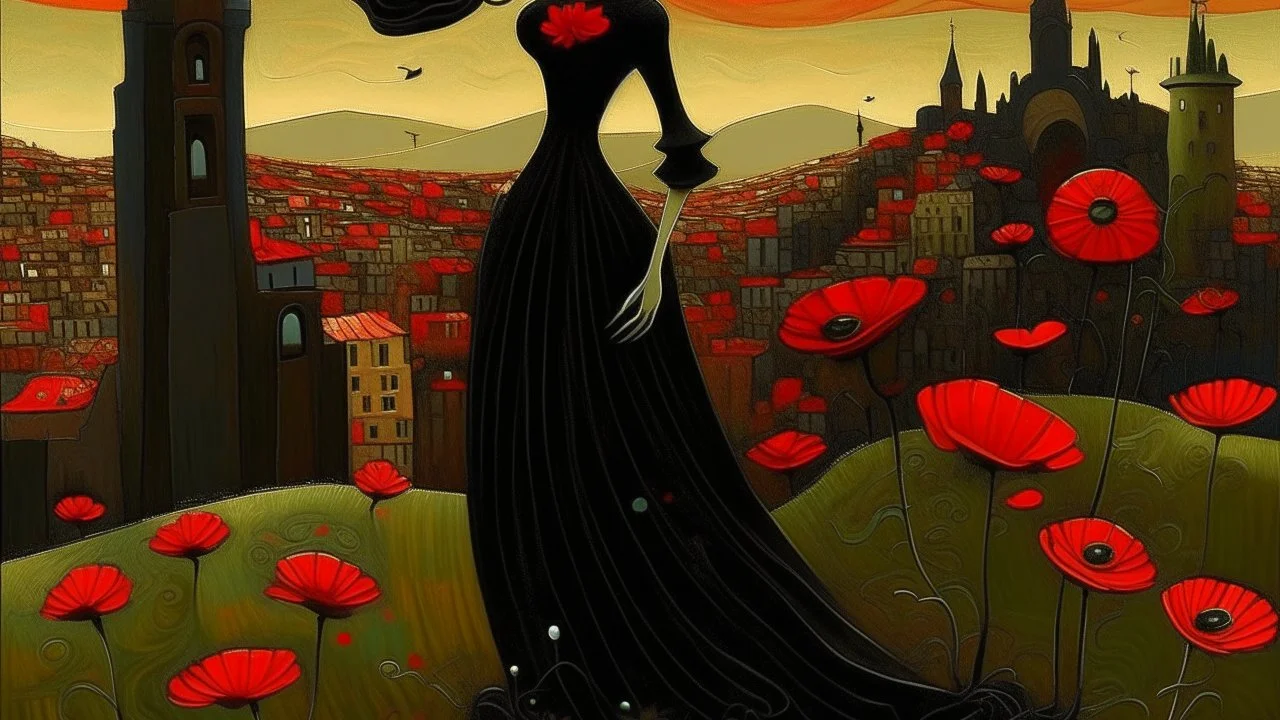 Impasto style.engraving, A giant flower wrapped itself around her body, bright red poppies sprouting from her eyes, mouth and ears. She felt as if she were dreaming and set off down the path towards the city. Her dress was deep black. A flock of black birds gathered above her head. The dawn sky was a shade of pink, golden green in the depths of the sea