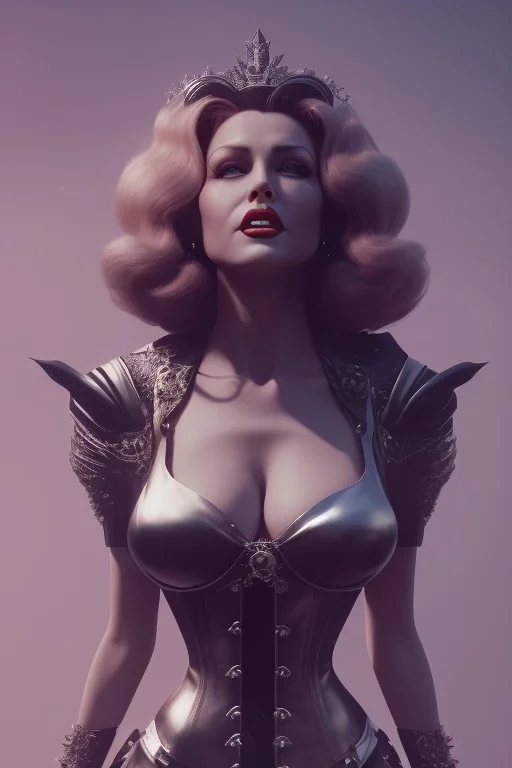 Rita Hayworth as evil queen in black leather, busty, cleavage, dominatrix, curvy, angry, stern look. character design by cory loftis, fenghua zhong, ryohei hase, ismail inceoglu and ruan jia. unreal engine 5, artistic lighting, highly detailed, photorealistic, fantasy