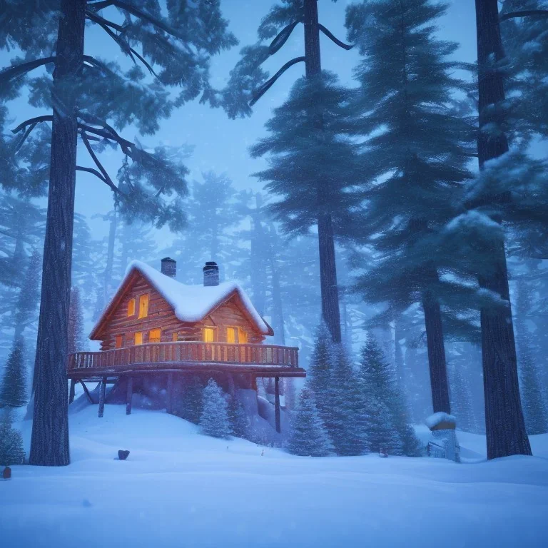 A cabin deep in the woods, during a winter snowstorm,big snow-covered Christmas trees with bright colorful lights in the background,,