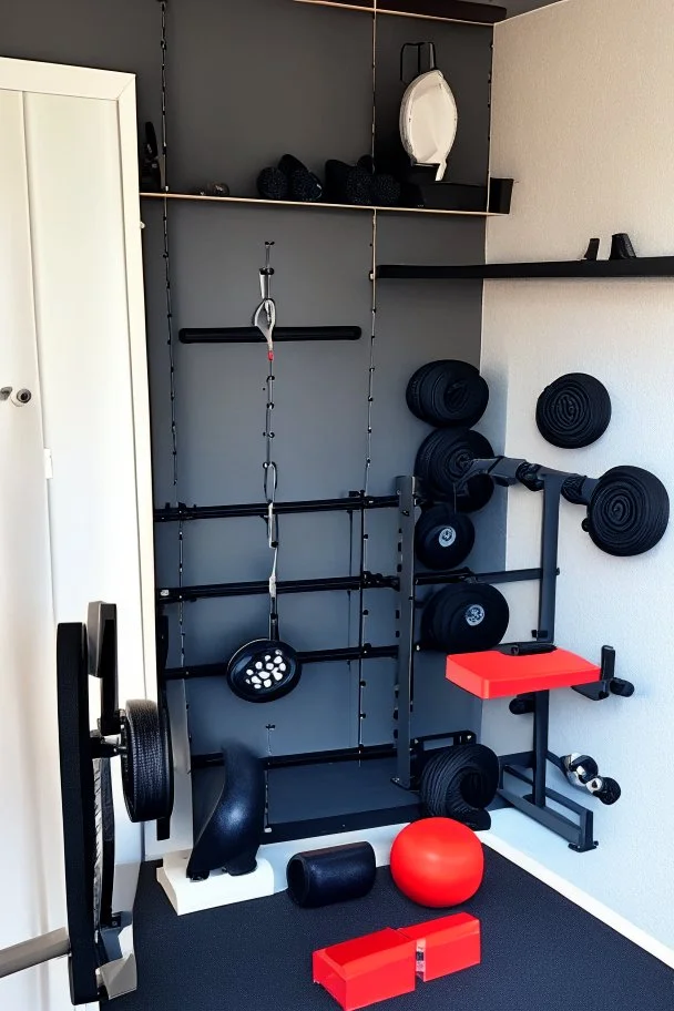 Home gym, wall with a kabinet with weights and small gym equipment. The other side a plyo box and wall balls. In between the plyo box and kabinet a folded weightlifting bench.