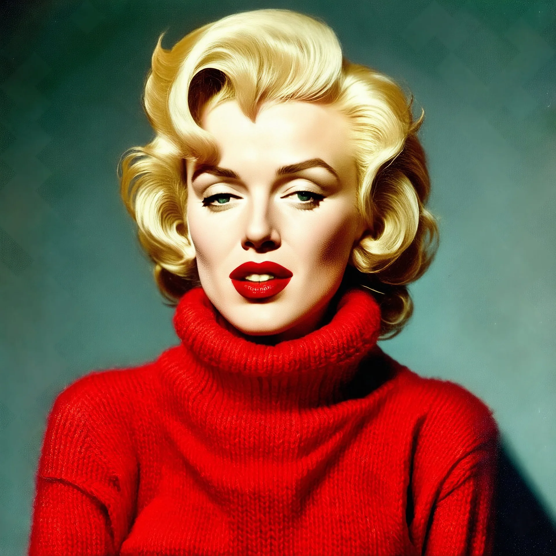 Marilyn monroe, she's wearing a red woollen sweater, in the style of egon Schiele