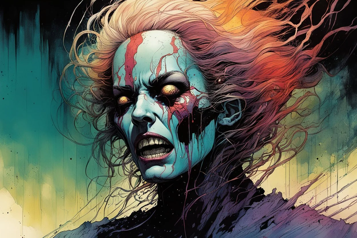 a surreal portrait of the inner workings of her disturbed mind as a nightmarish charnel house of screaming pain , in the comic book style of , Bill Sienkiewicz, , Alex Pardee , and Jean Giraud Moebius, muted natural color, sharp focus, ethereal , dark and foreboding