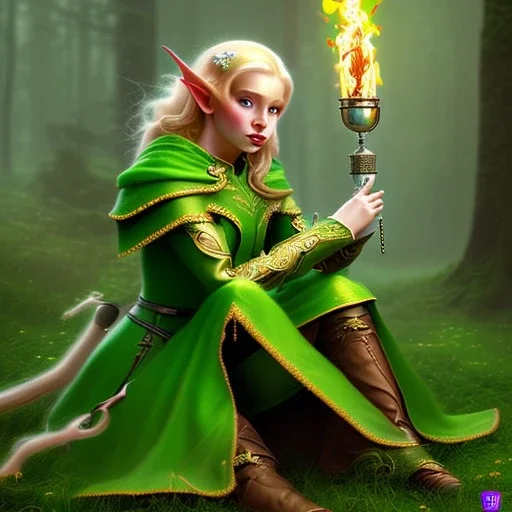 romantic fantasy spray painting, portrait of cute green eyed blonde robed elf poet with cute ornament,sitting in swing, loosing torch in magical forest