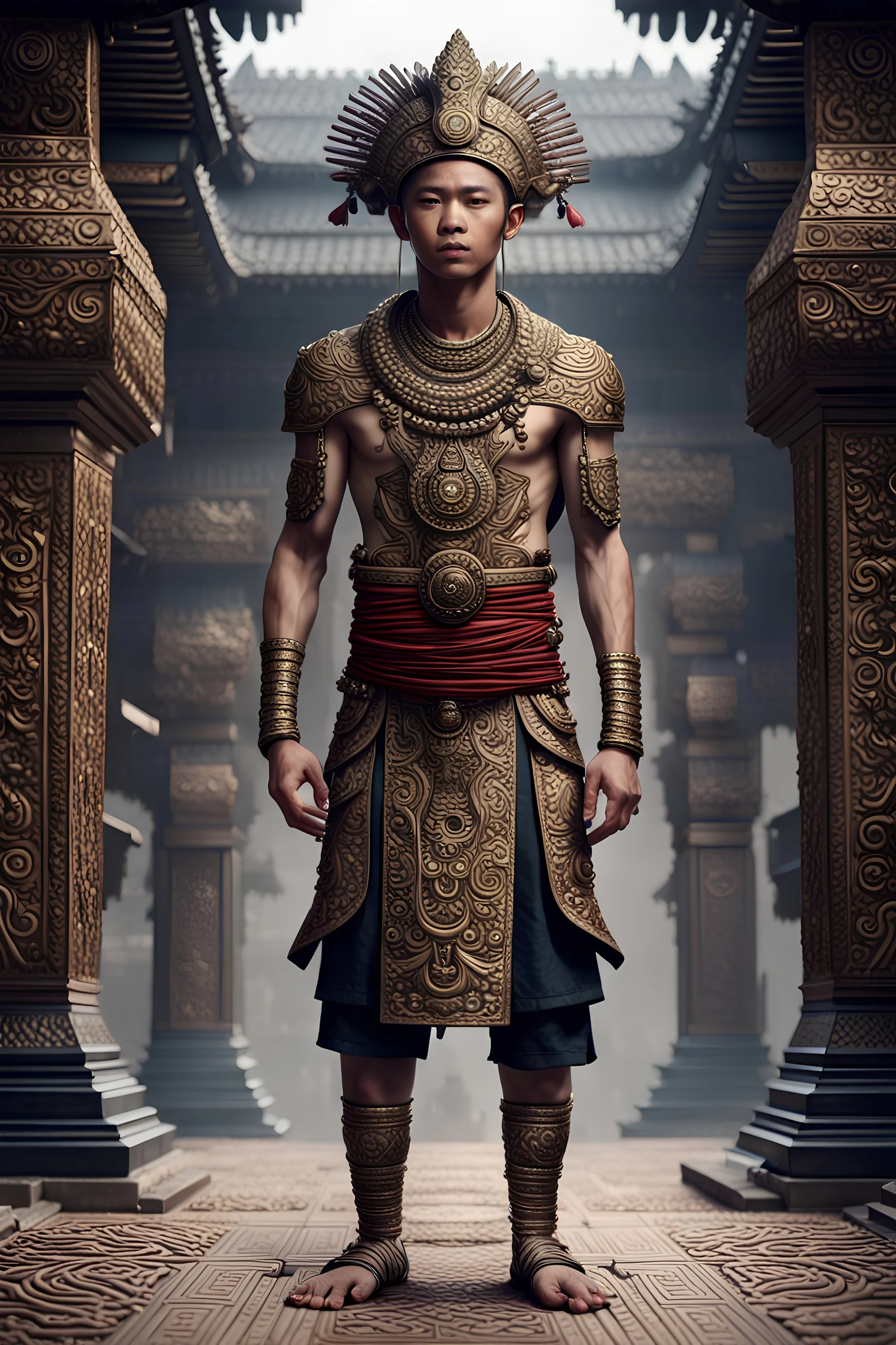 Fhoto full body, reality, Raw, Indonesia culture future, 500 years ago, man, digital art, intricate details, powerful composition, captivating, , trending on artstation, high focus, studio photo, intricate details, highly detailed, by addie_digi