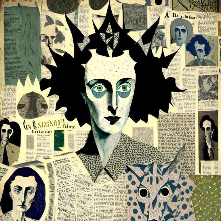 paper collage of a surreal portrait, newspaper pages and wallpaper, background patterned wallpaper, by artist "Leonora Carrington"