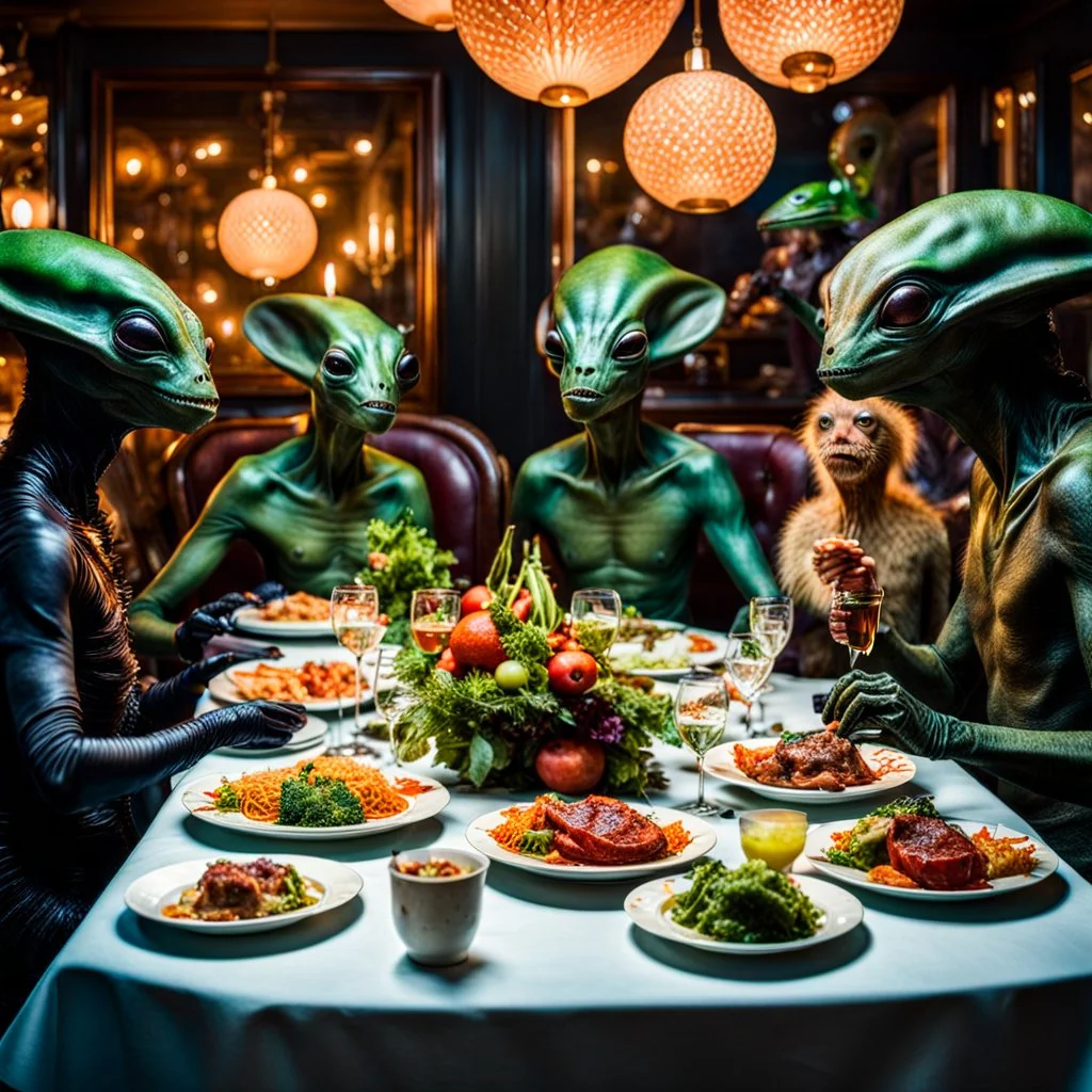 Photograph of a happy year-end dinner of a clique of alien creatures in hypermaximalist style, photorealism