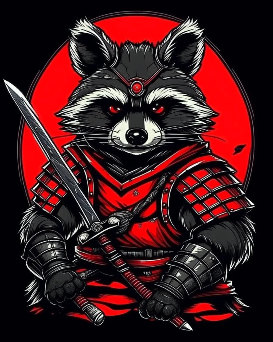 racoon samurai with a katana, into an armor, red black colors,