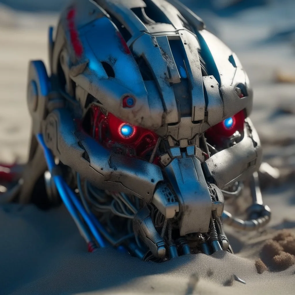 half destroyed robot head lying on sand in daylight, silver face parts, rgb lights rugged face, strings and metal pieces sticking, blue and red eyes bright glow lights, inner machinery look, oil leak, cinematic macro shot,