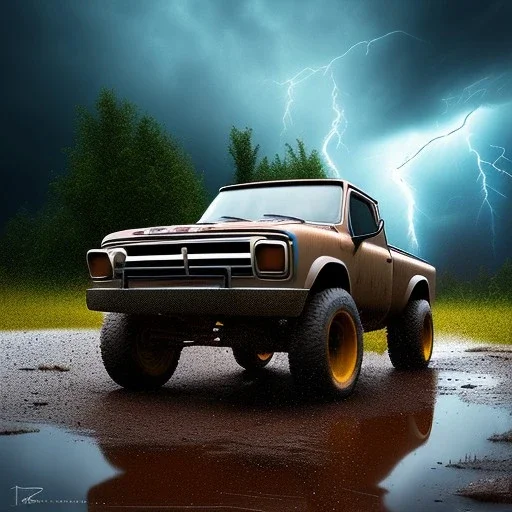 hyperrealistic shot, off-road truck, earth color palette, sharp focus, puddle reflection, tire water splash, refraction, rain and lightning on the horizon, shadowcast, detailed and intricate, cinematic composition, micro, tilt shift photography