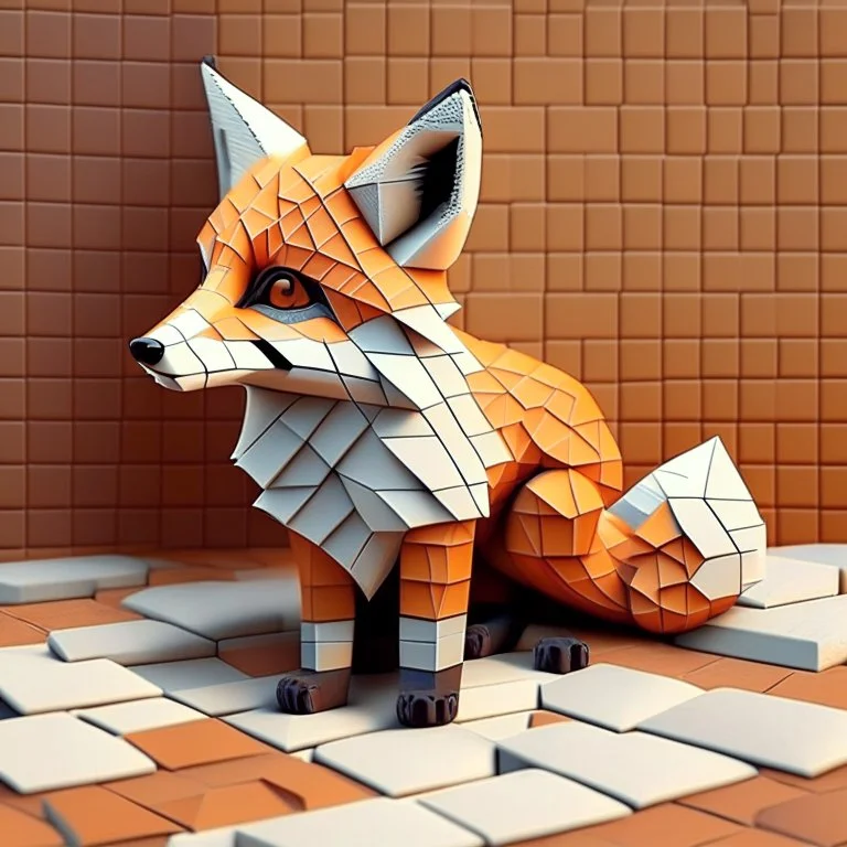 A cute fox that is smooth and appears to be made of tiles 3D