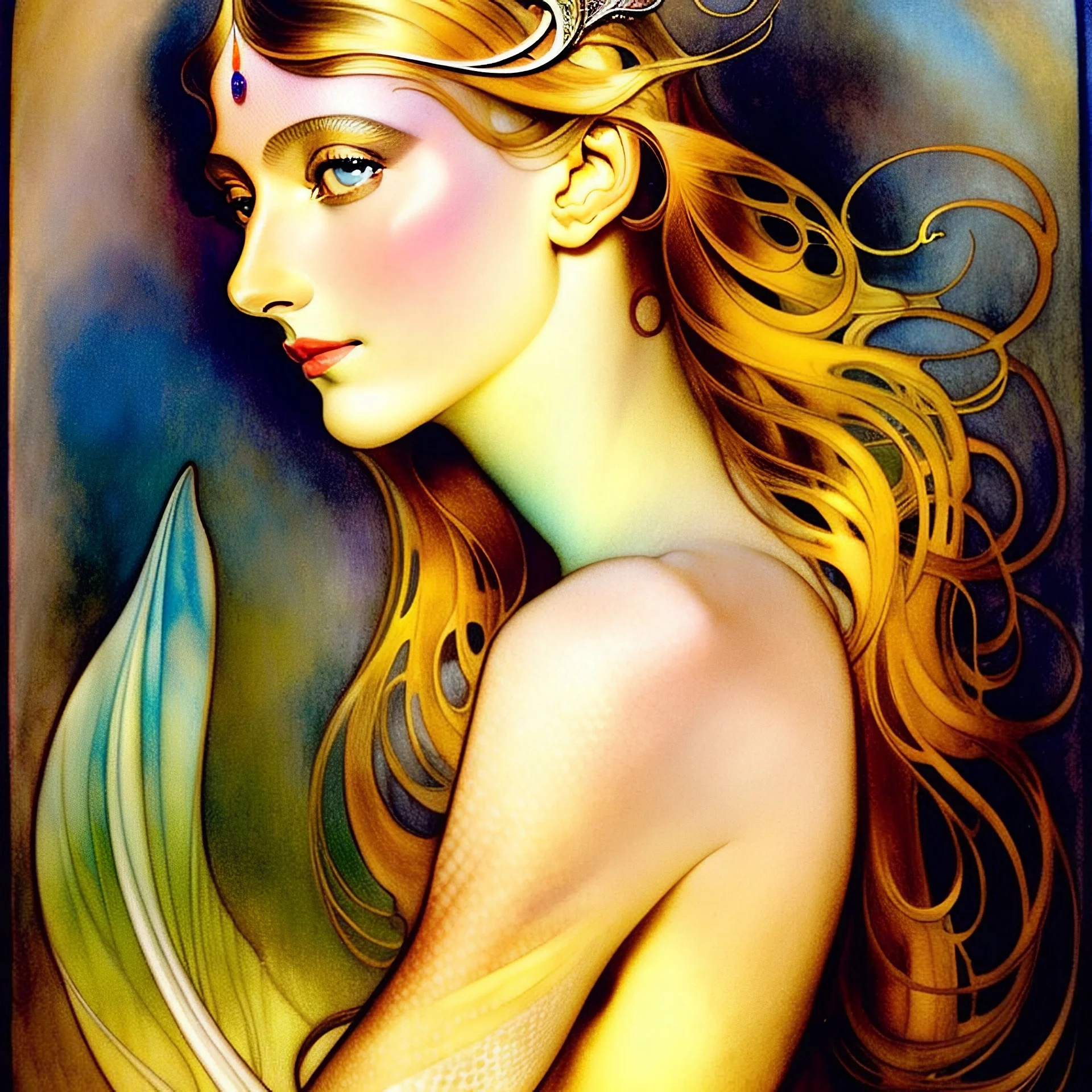 art by Alfons Mucha in the style of Salvador Dali, full body image of a naturist Patrick Woodroffe female mermaid