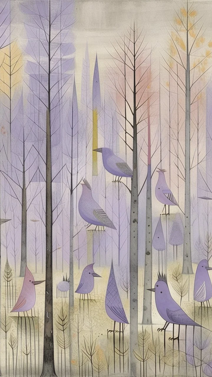A light palish violet foggy forest with birds painted by Paul Klee
