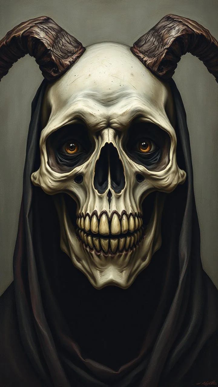 Bosch painting style , a portrait of an old wicked skull , her eyes all gray and are open wide , her mouth is ope like screening .