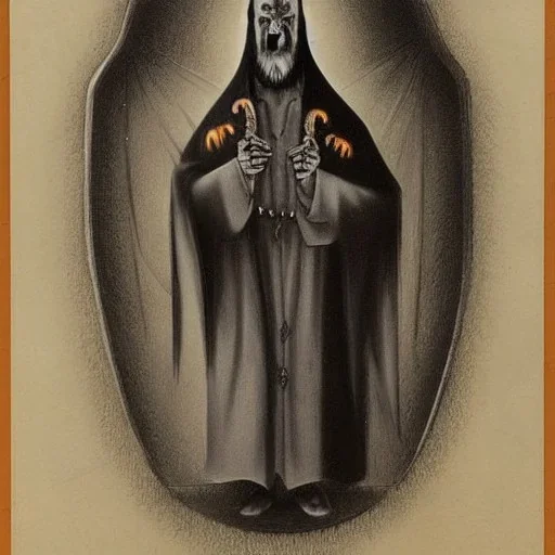 Vampire with yellow eyes with fleshy tentacle beard grey skin and vampire fangs and vampire bat nose as a Russian Orthodox