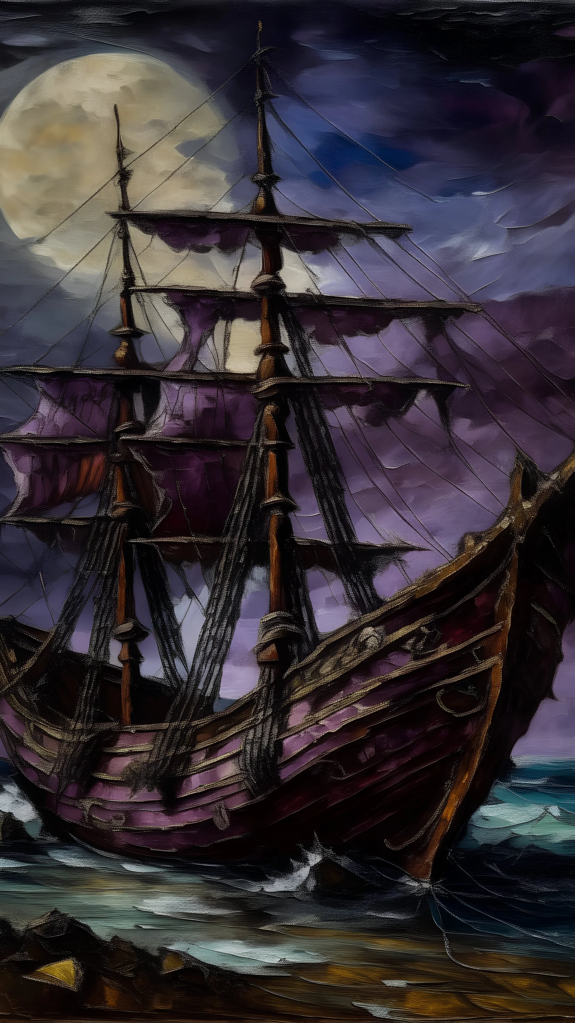 A purple undead pirate ship painted by Claude Monet