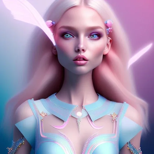  beautiful, soft, whide smile face, long blonde straight hair, blue eyes, fairy wings on the back, transparent crystal blue and pink clothes, background blue and pink, big definition, 8K