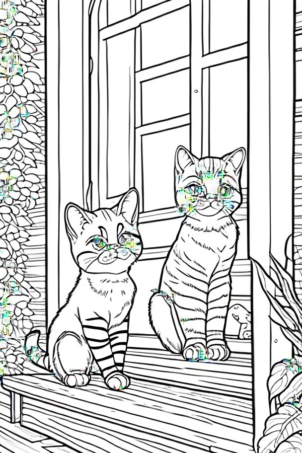 kids coloring page, Cats on the porch, cartoon style, thick lines, low detail, no shading