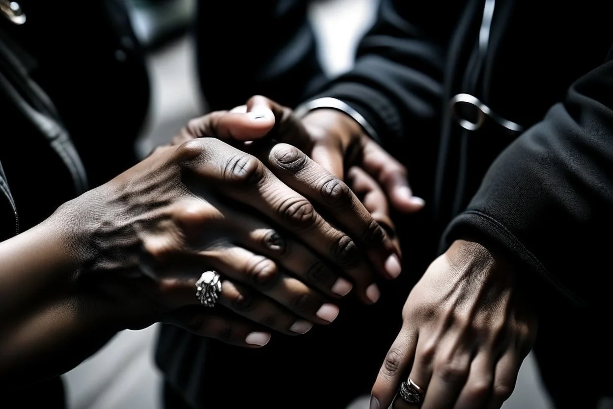 Interlaced hands blacks, white... on a background of city streets. photograph taken with Fuji XT-3 camera and 35 mm lens Real photograph. Photojournalism. Colour Photography