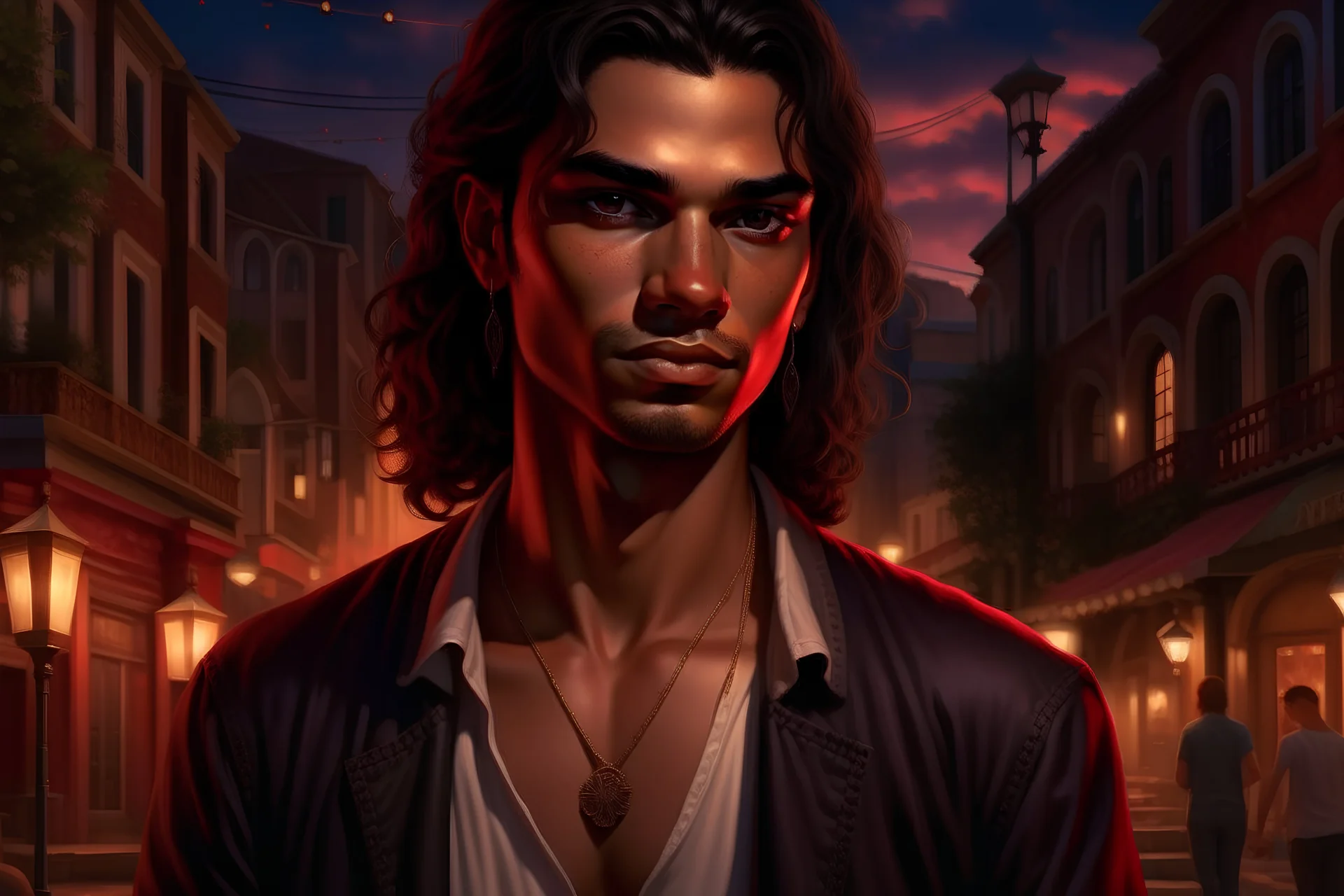 Create an artwork featuring a young man in his mid-20s, of Hispanic descent, depicted in the art style of Timothy Bradstreet from the Vampire: The Masquerade roleplaying game. The setting will be a university campus at night, illuminated by dim streetlights and moonlight. The protagonist will have long hair, cascading down to his shoulders. His eyes will hold a hint of red glint, suggesting a mysterious or supernatural